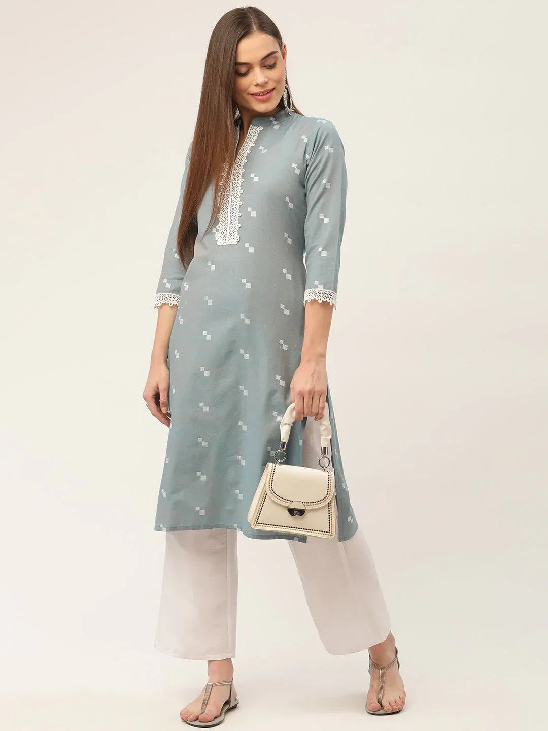 Jompers Women's Grey Cotton Jacquard Geometric Printed Kurta