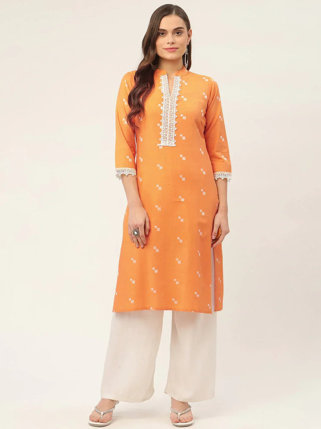 Jompers Women's Orange Cotton Jacquard Geometric Printed Kurta