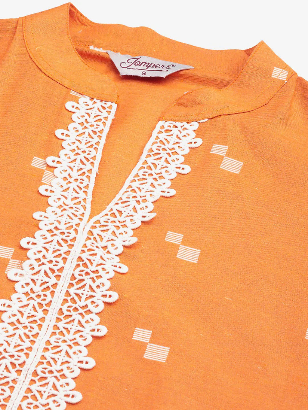 Jompers Women's Orange Cotton Jacquard Geometric Printed Kurta