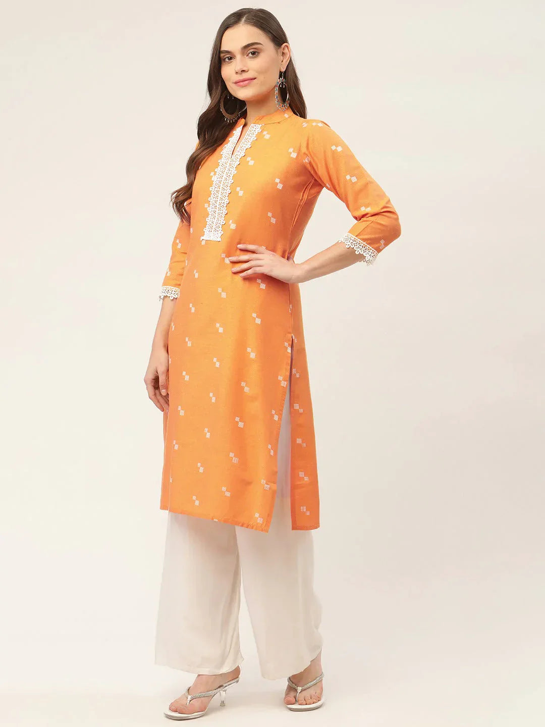 Jompers Women's Orange Cotton Jacquard Geometric Printed Kurta