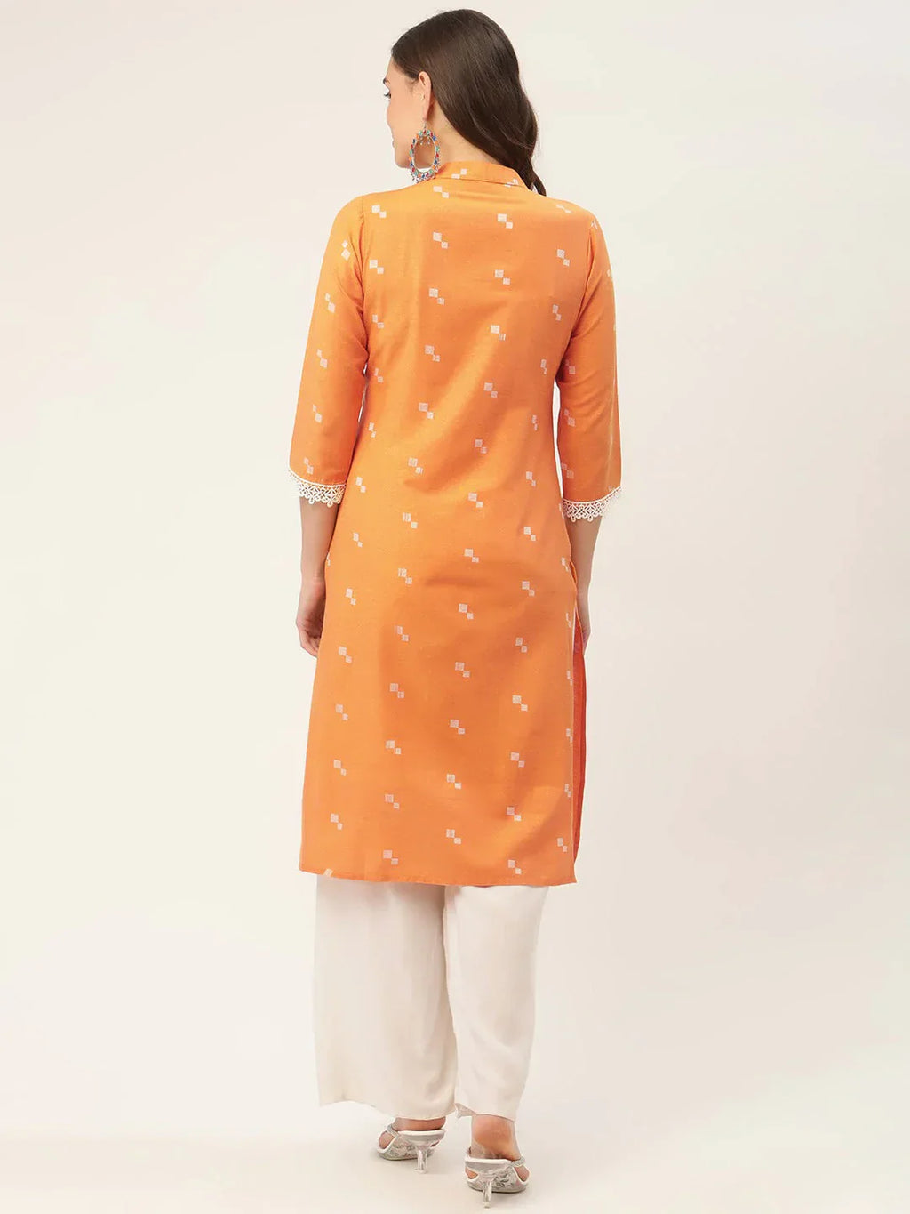 Jompers Women's Orange Cotton Jacquard Geometric Printed Kurta