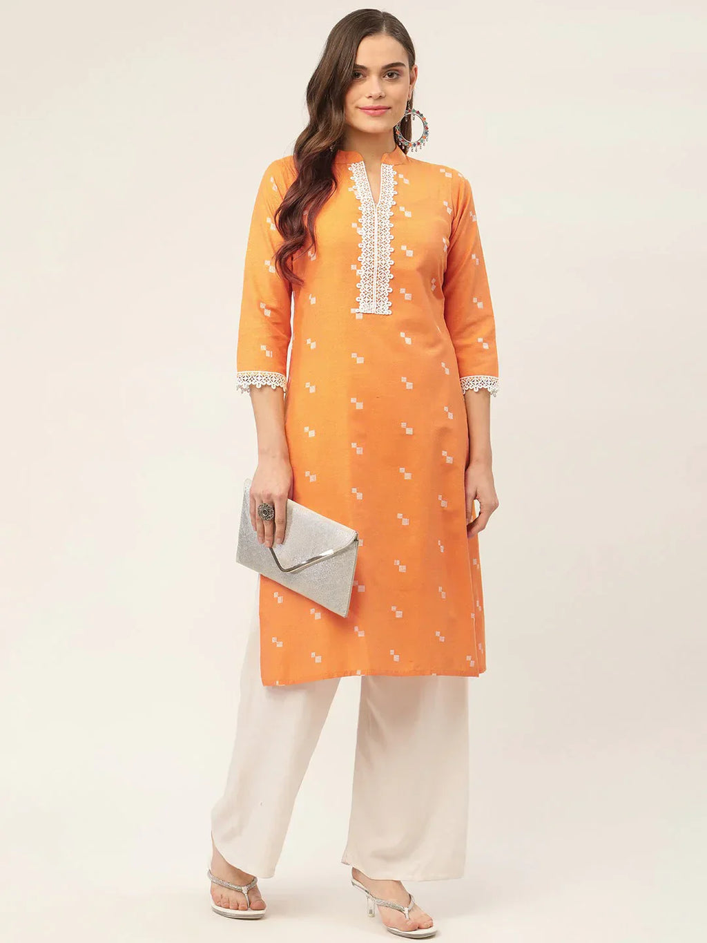 Jompers Women's Orange Cotton Jacquard Geometric Printed Kurta