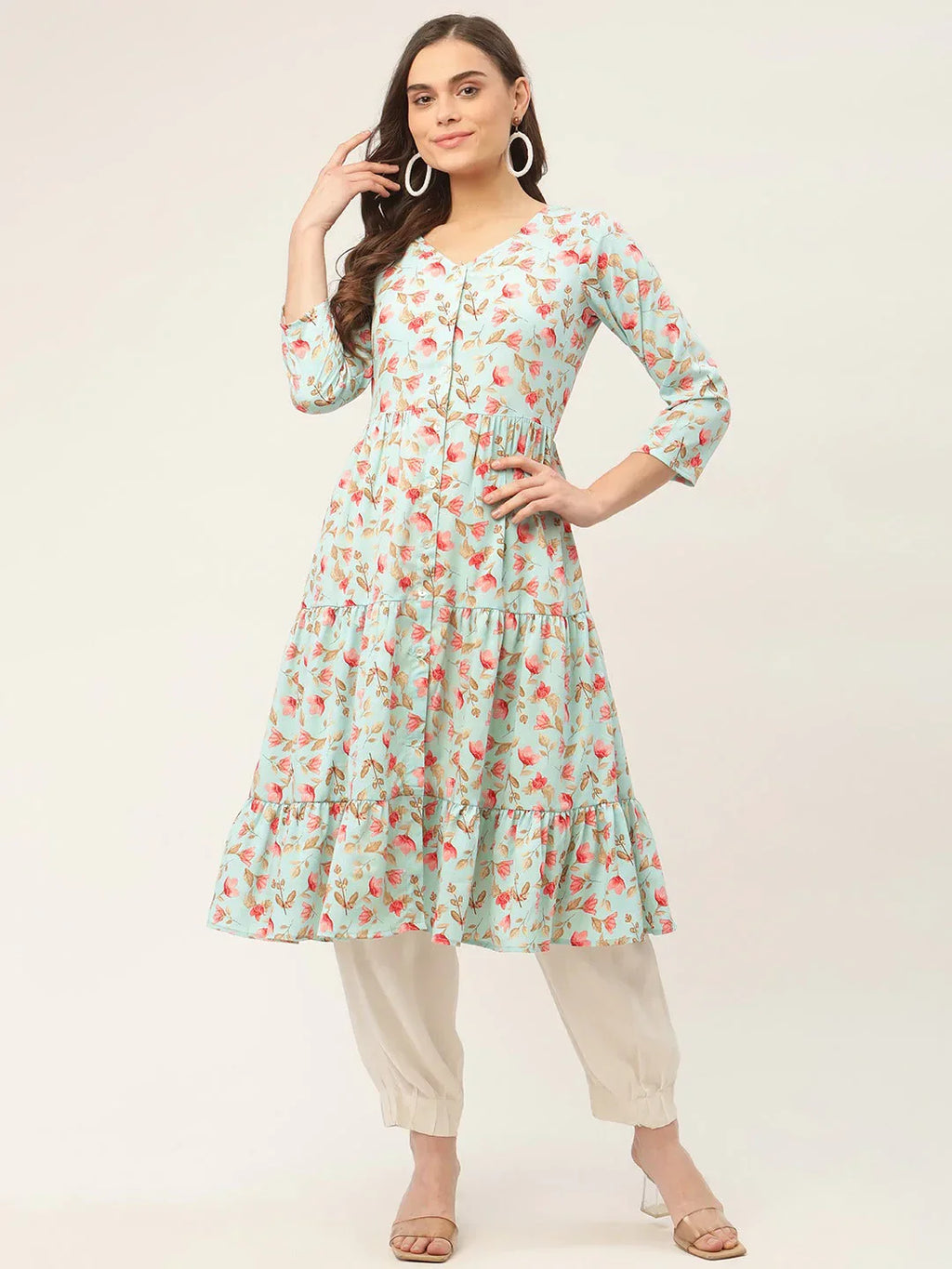 Jompers Women's Sky Blue Floral Printed Kurta