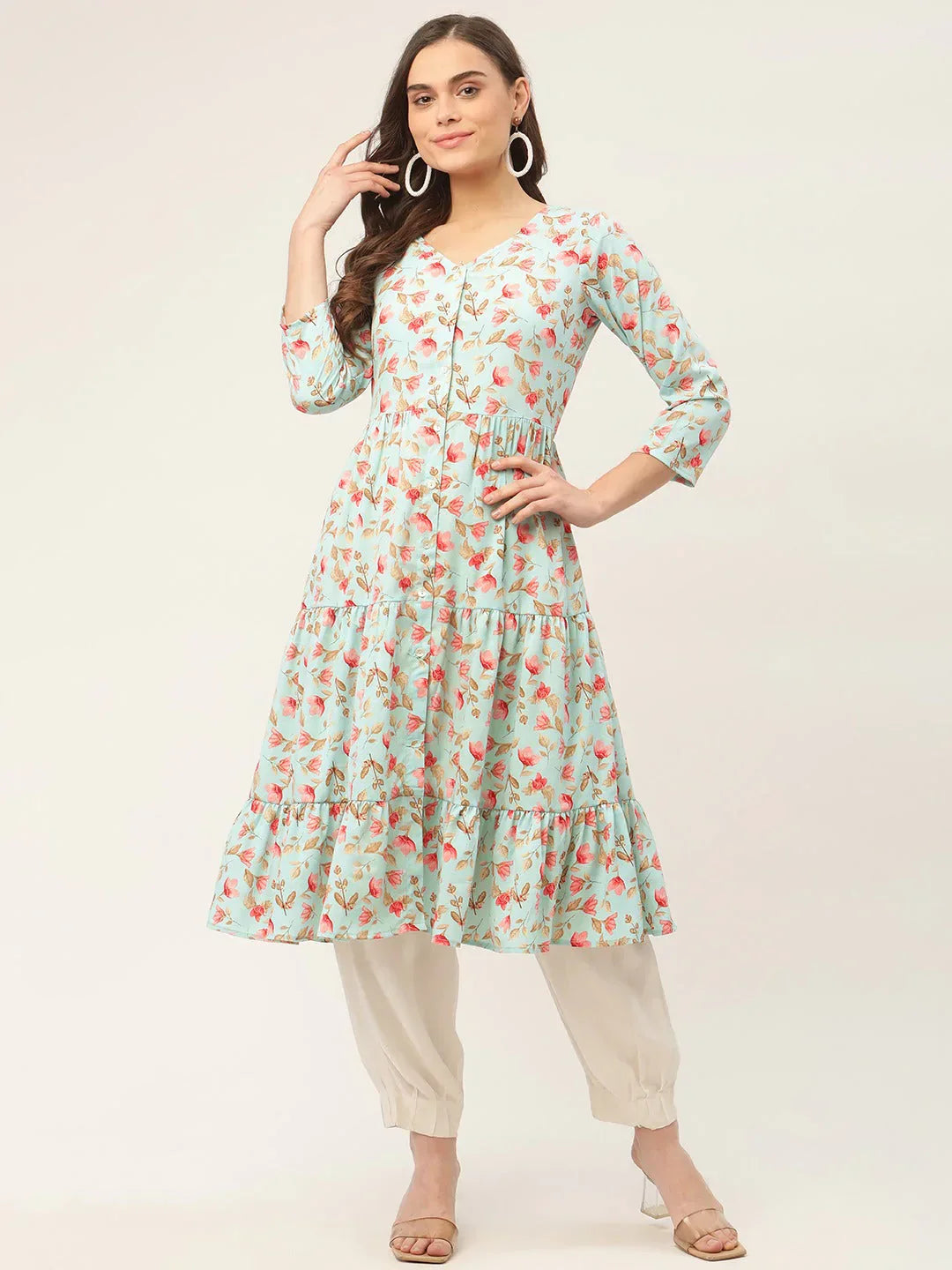 Jompers Women's Sky Blue Floral Printed Kurta
