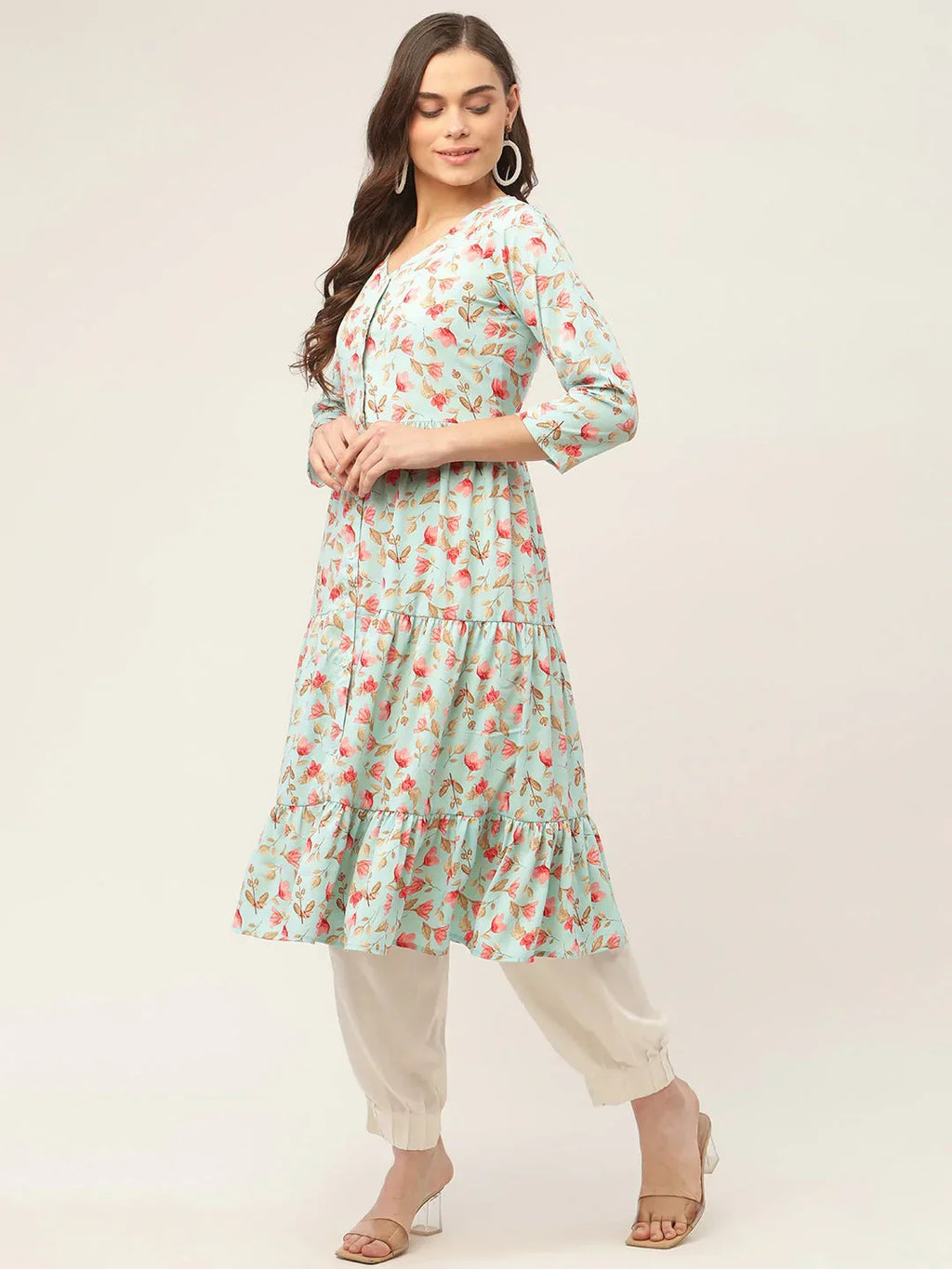 Jompers Women's Sky Blue Floral Printed Kurta