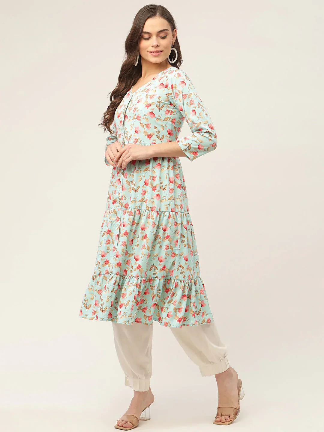 Jompers Women's Sky Blue Floral Printed Kurta