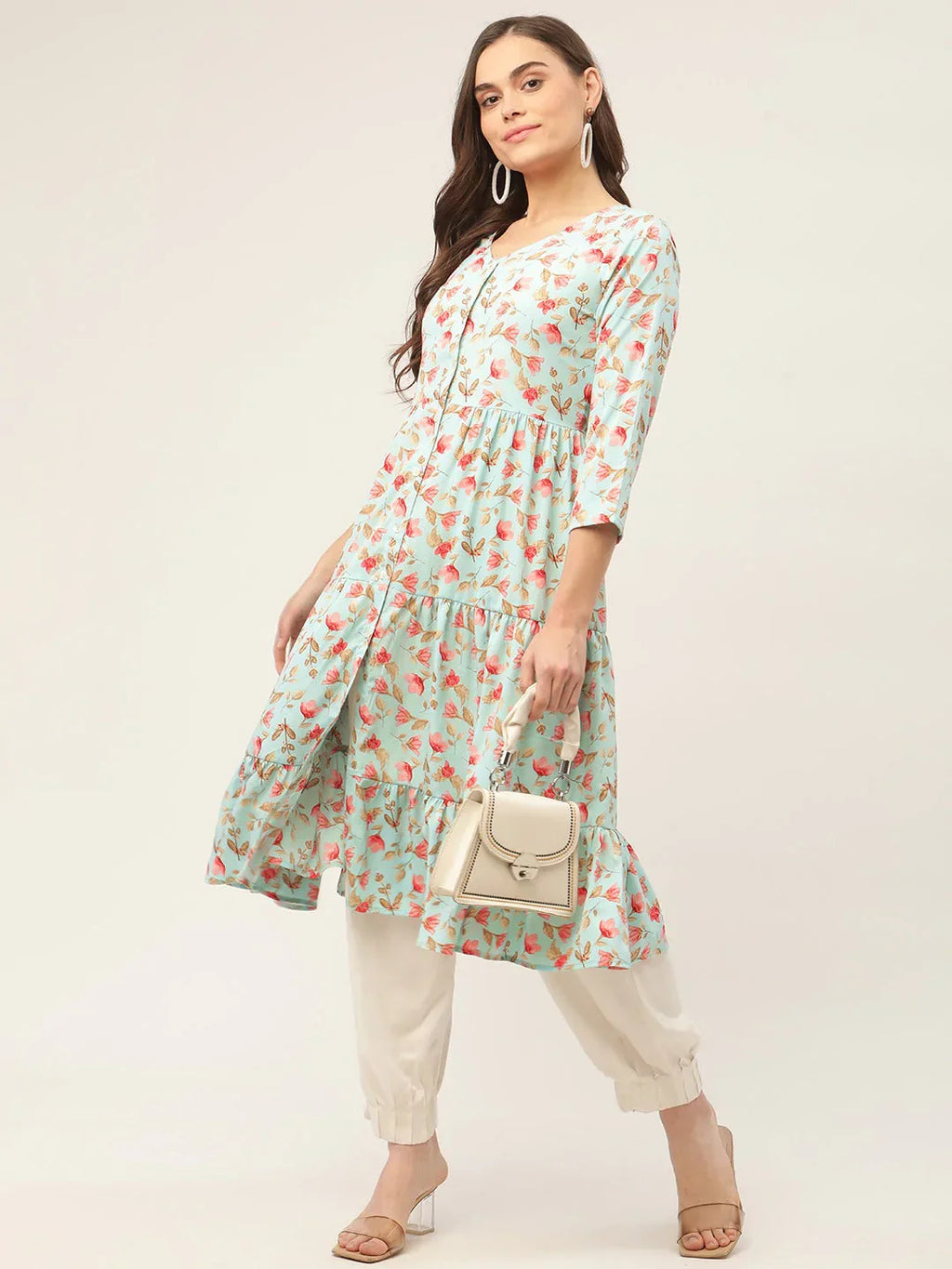 Jompers Women's Sky Blue Floral Printed Kurta