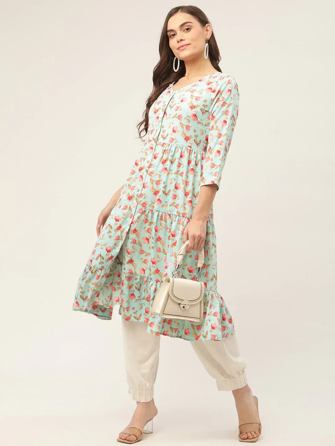 Jompers Women's Sky Blue Floral Printed Kurta