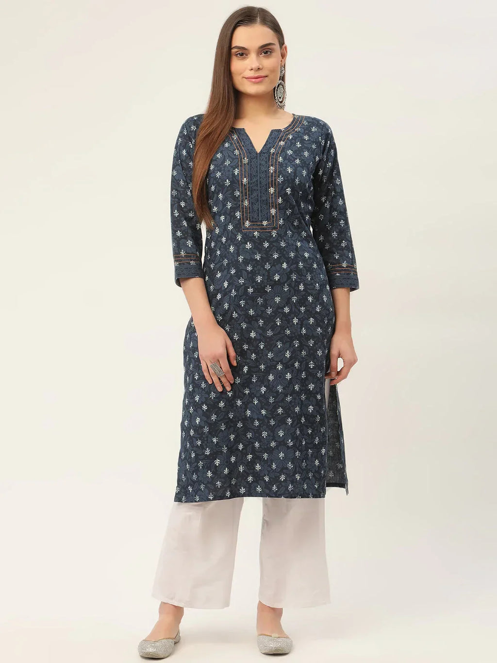 Jompers Women's Indigo Blue Pure Cotton Floral Printed Kurta