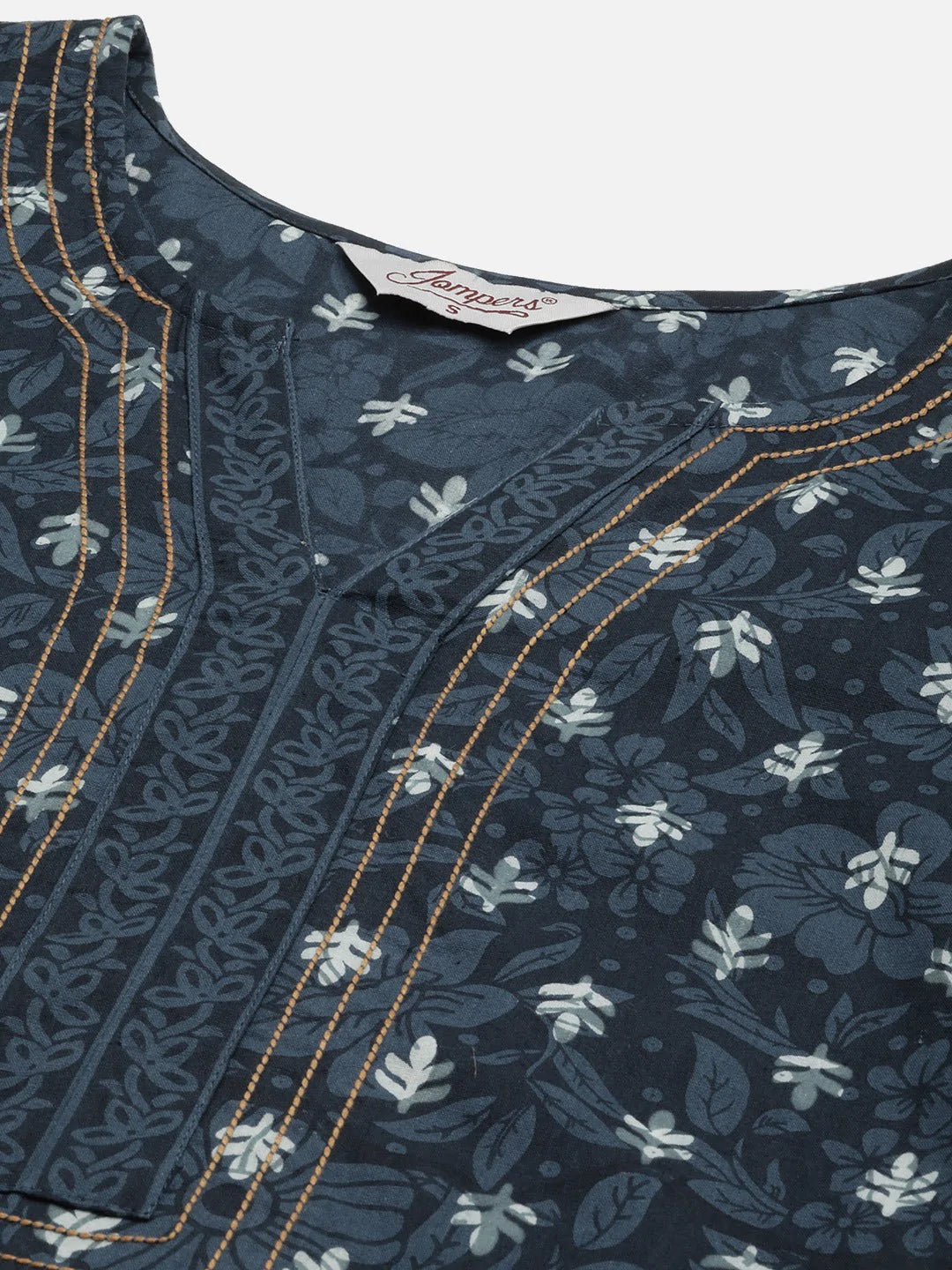 Jompers Women's Indigo Blue Pure Cotton Floral Printed Kurta
