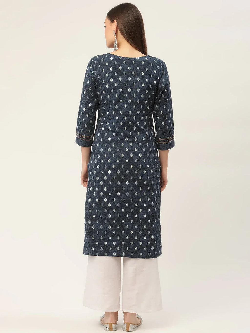 Jompers Women's Indigo Blue Pure Cotton Floral Printed Kurta