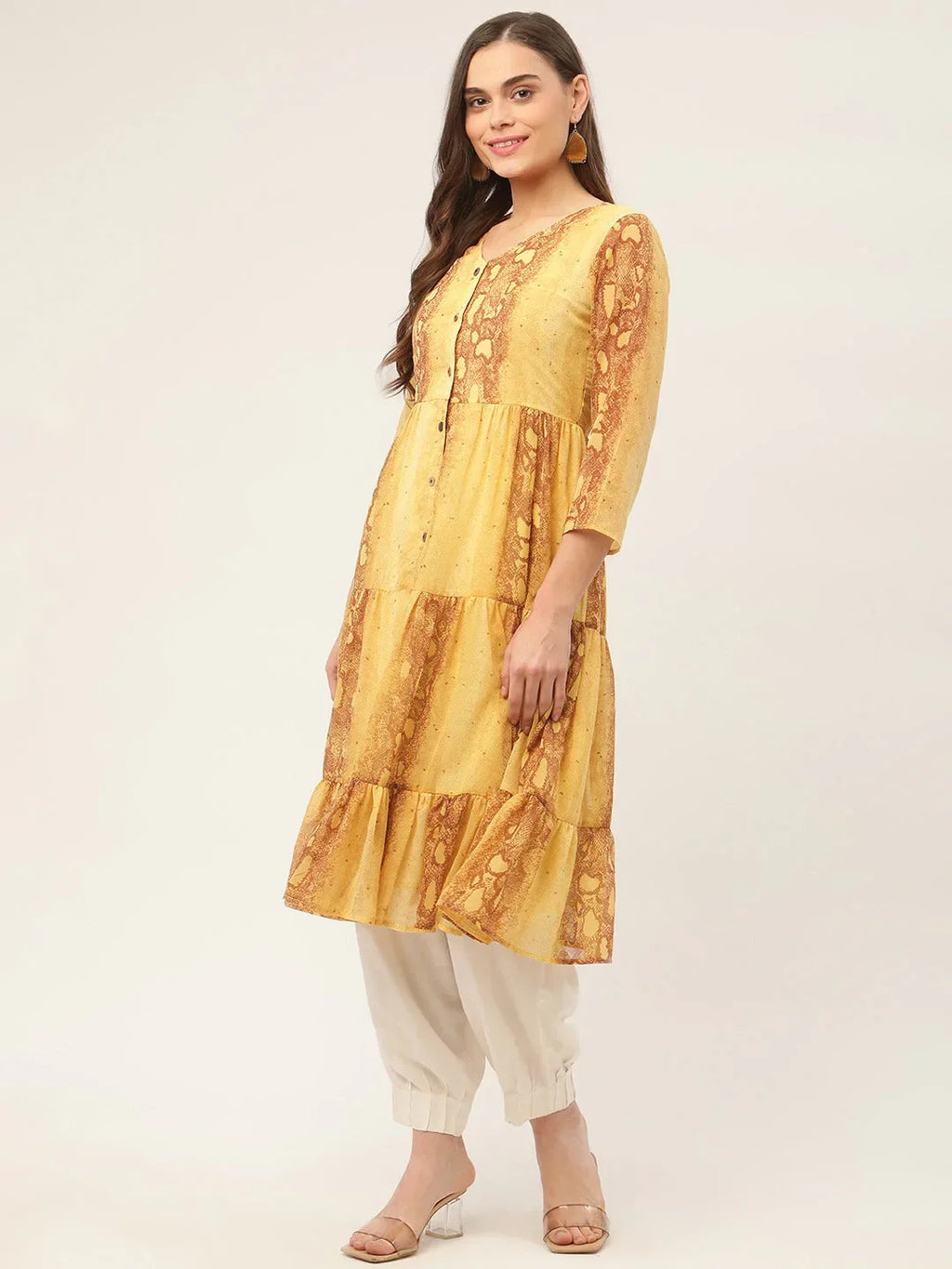 Jompers Women's Mustard Georgette Tiger Printed Kurta