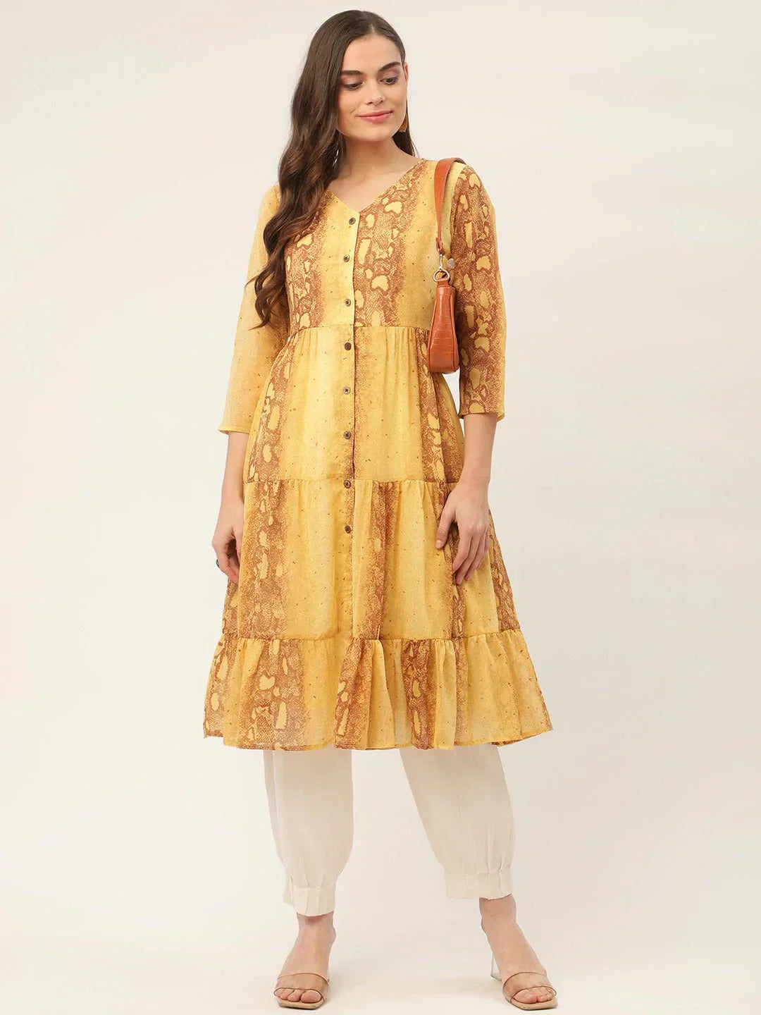 Jompers Women's Mustard Georgette Tiger Printed Kurta