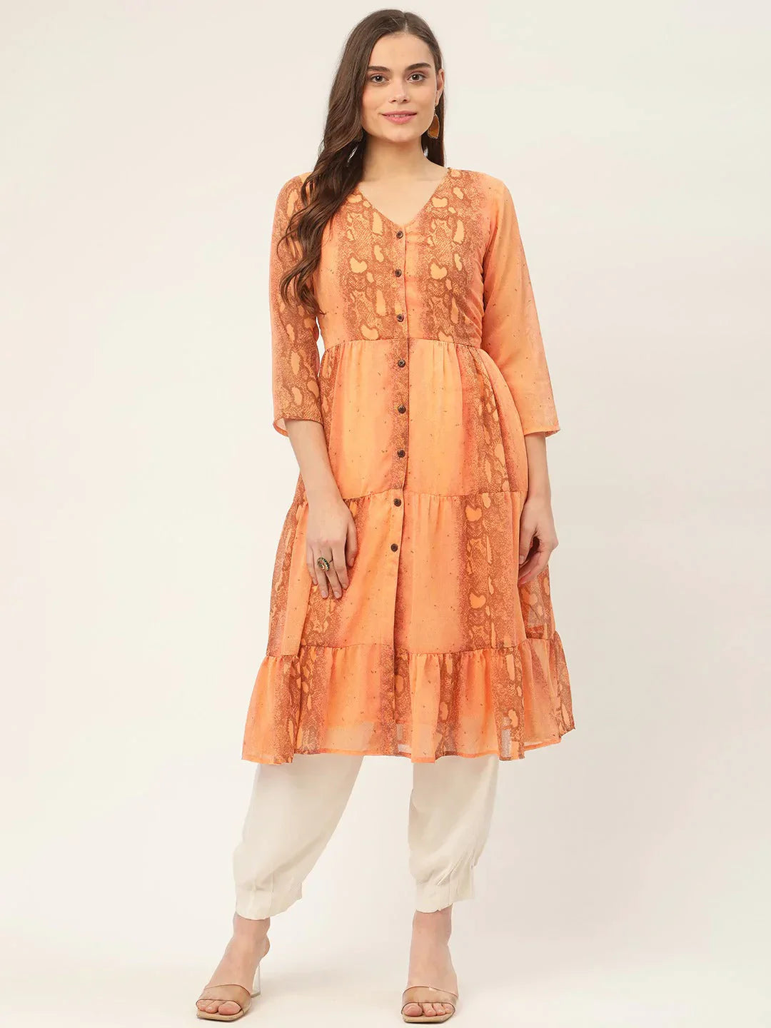Jompers Women's Orange Georgette Tiger Printed Kurta