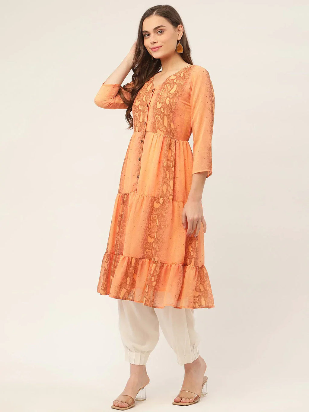 Jompers Women's Orange Georgette Tiger Printed Kurta