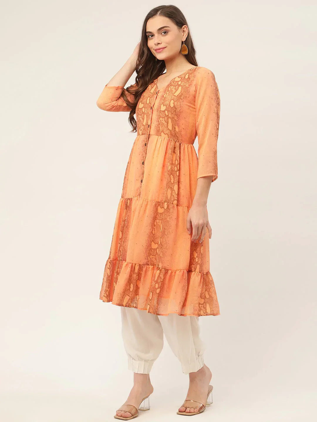 Jompers Women's Orange Georgette Tiger Printed Kurta