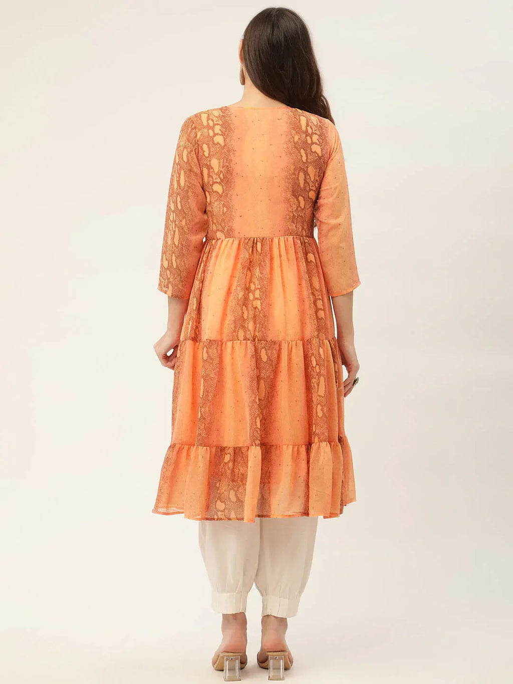 Jompers Women's Orange Georgette Tiger Printed Kurta