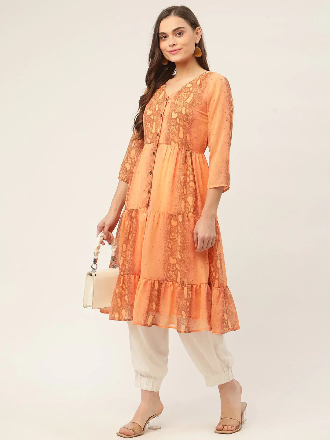 Jompers Women's Orange Georgette Tiger Printed Kurta