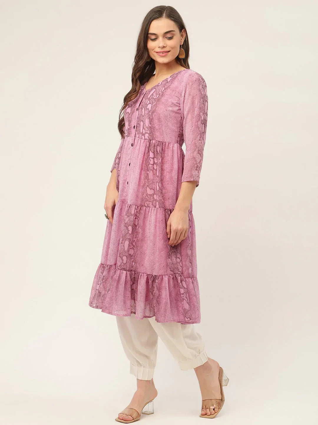 Jompers Women's Purple Georgette Tiger Printed Kurta