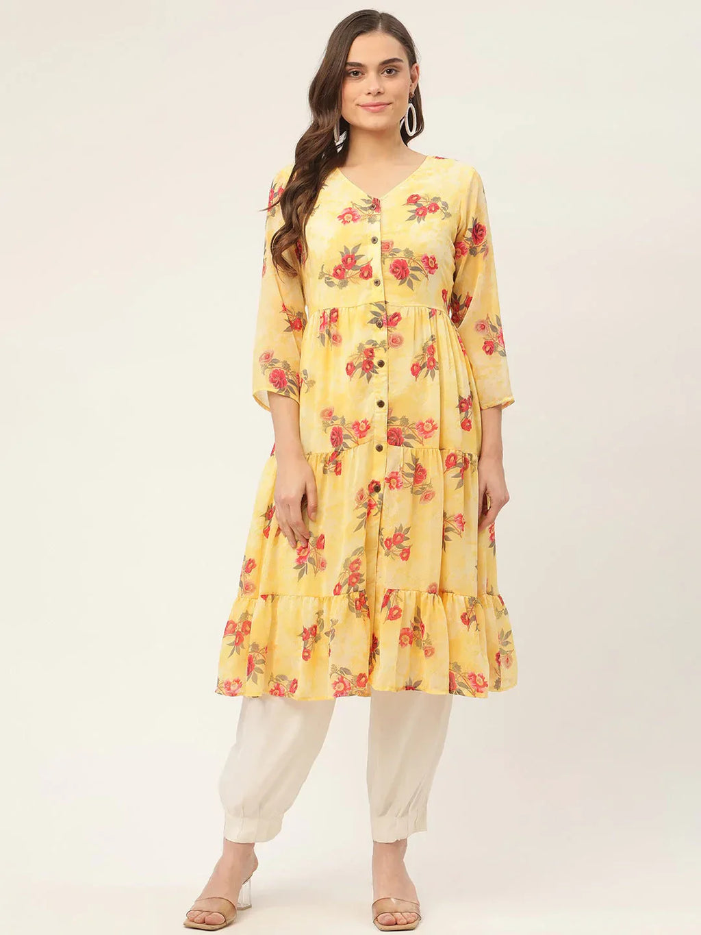 Jompers Women's Yellow Georgette Floral Printed Kurta