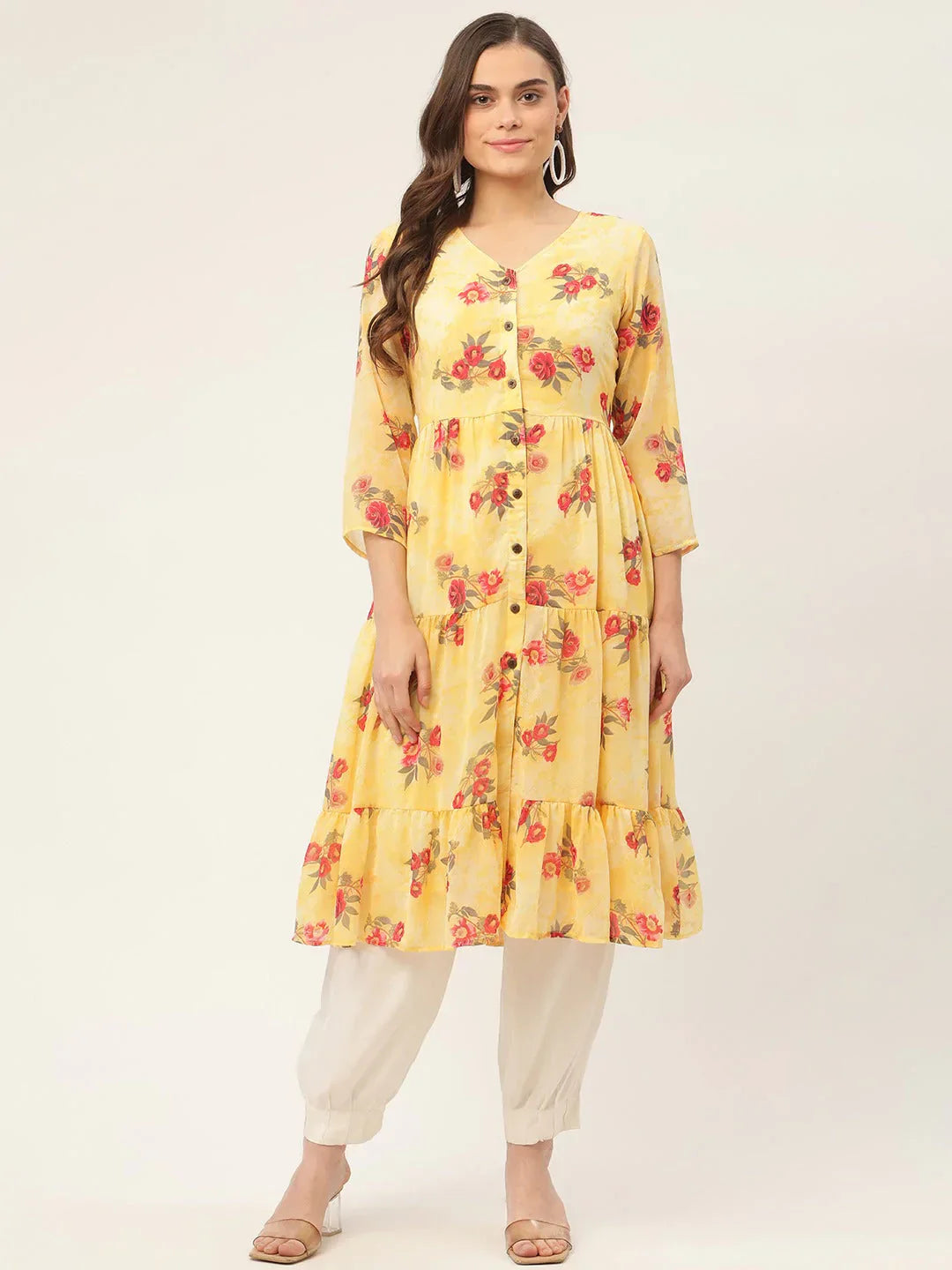 Jompers Women's Yellow Georgette Floral Printed Kurta
