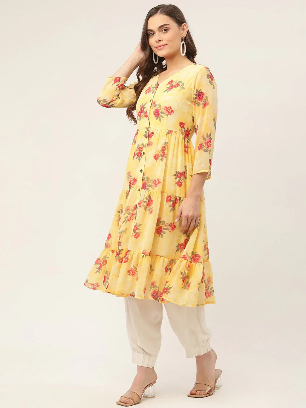Jompers Women's Yellow Georgette Floral Printed Kurta