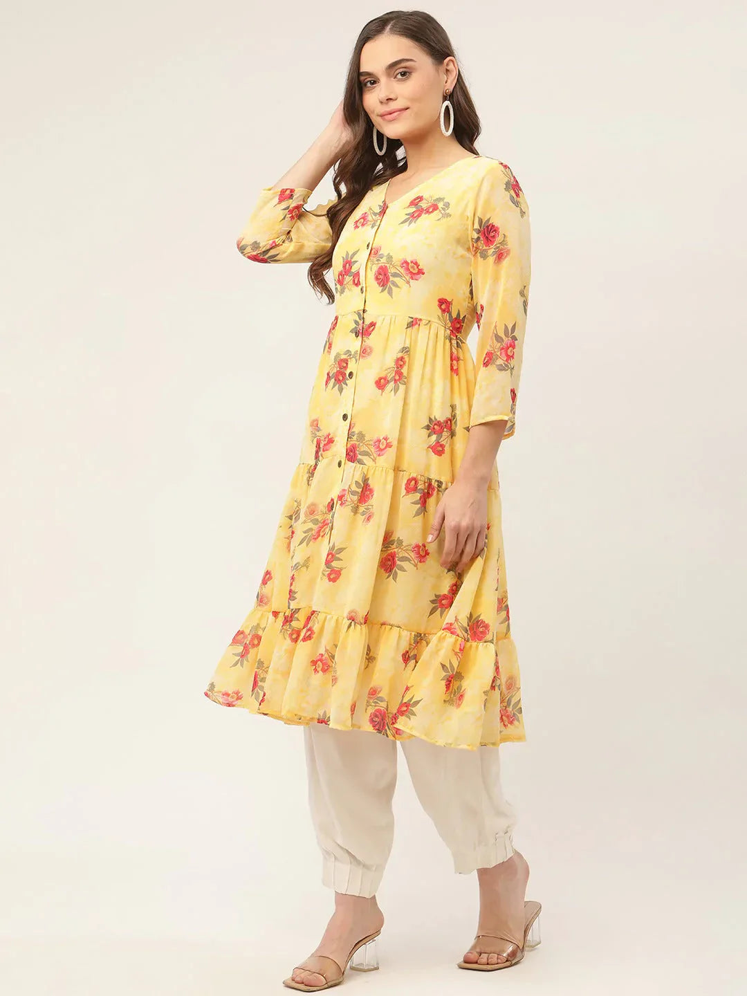 Jompers Women's Yellow Georgette Floral Printed Kurta