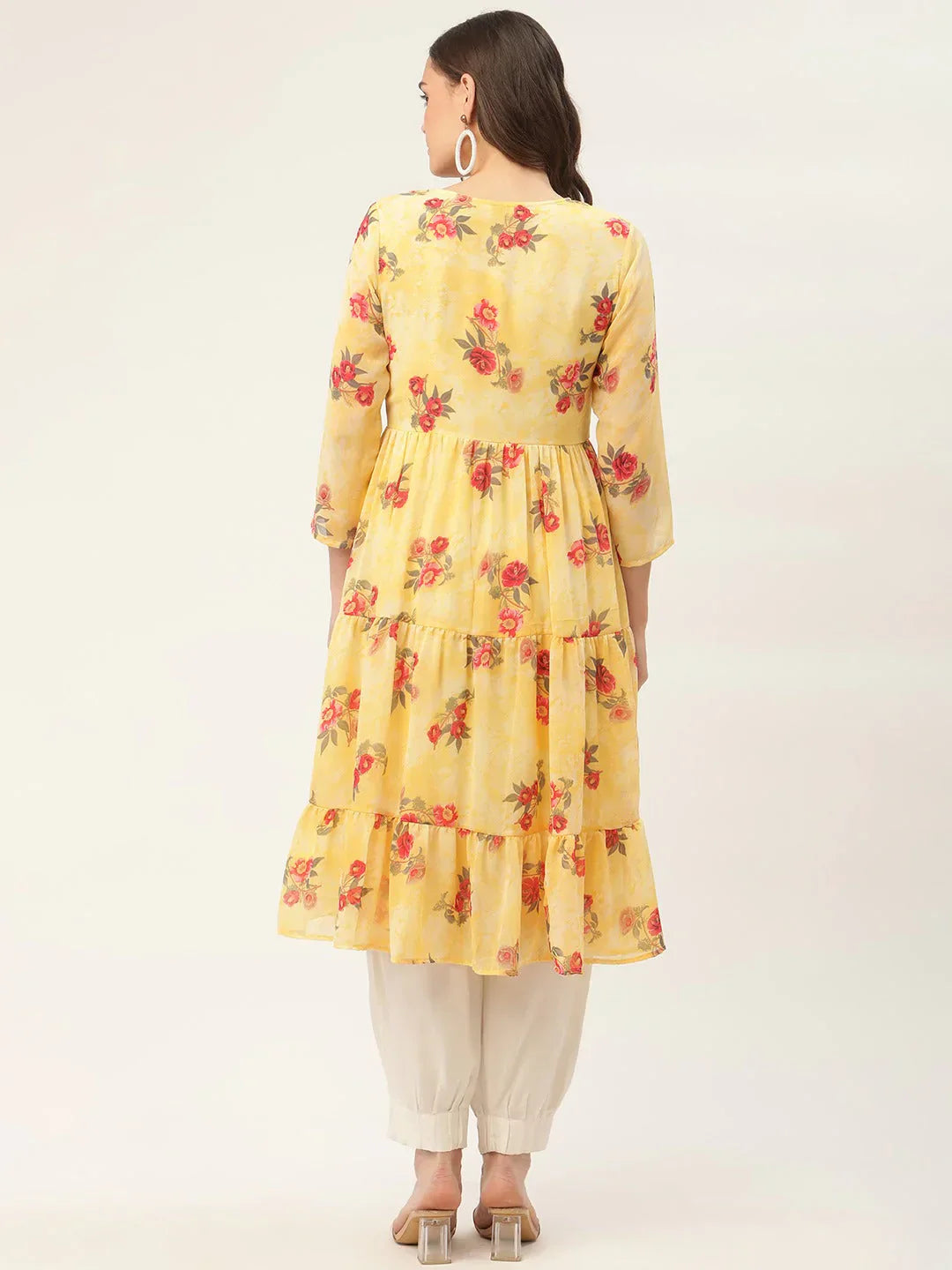 Jompers Women's Yellow Georgette Floral Printed Kurta