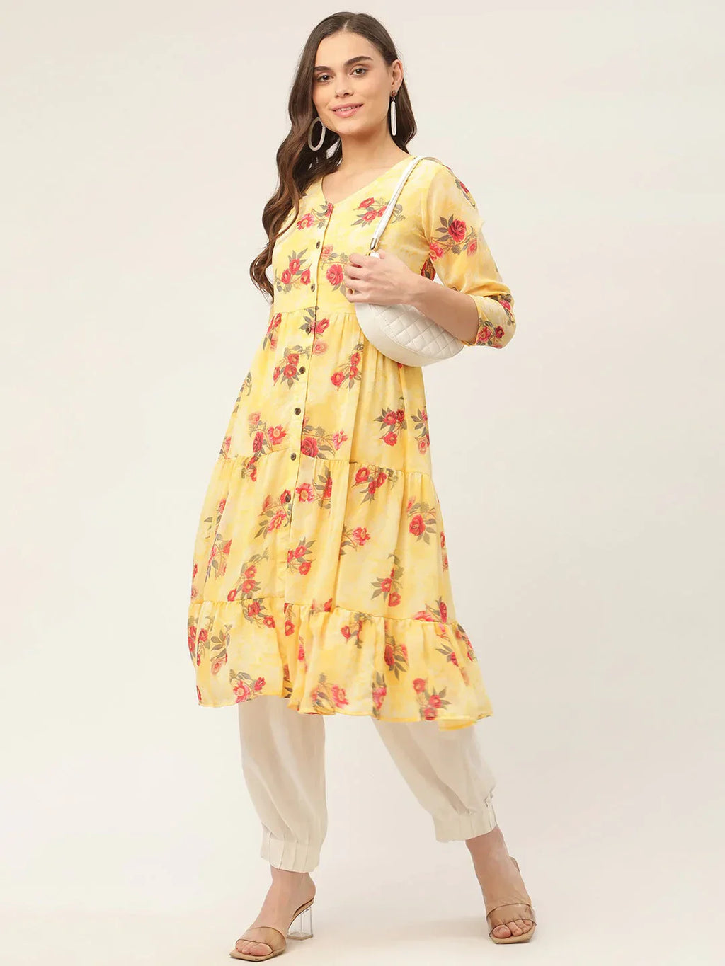 Jompers Women's Yellow Georgette Floral Printed Kurta