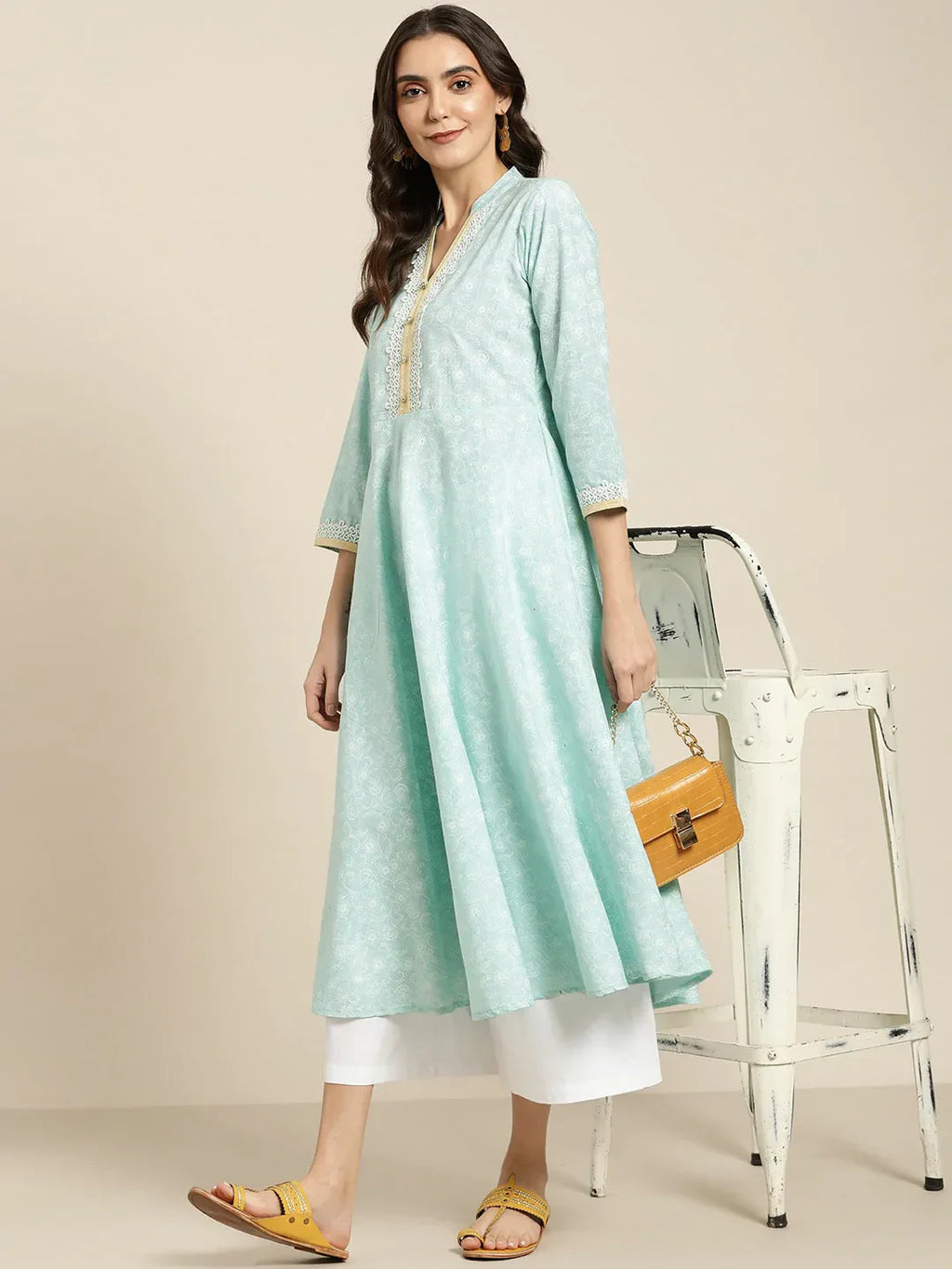 Jompers Women's Blue & White Ethnic Motifs Printed Lace Detail Anarkali Kurta