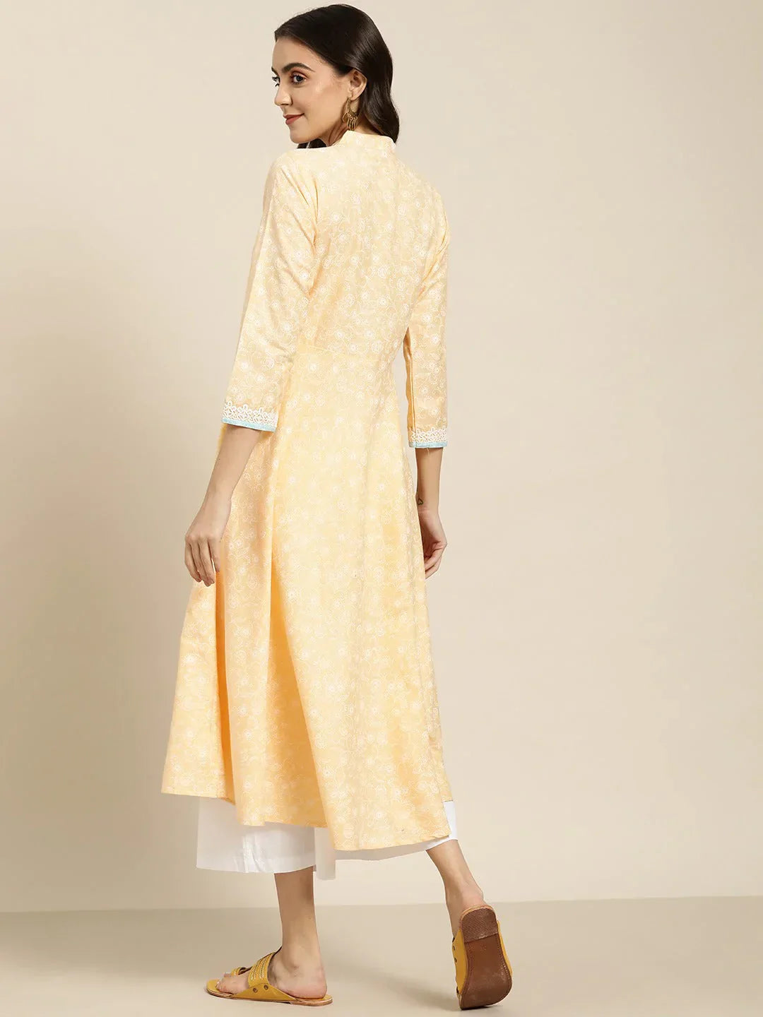 Jompers Women's Yellow & White Ethnic Motifs Printed Lace Detail Anarkali Kurta