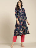 Jompers Women's Blue & Pink Floral Printed Floral Georgette Anarkali Kurta