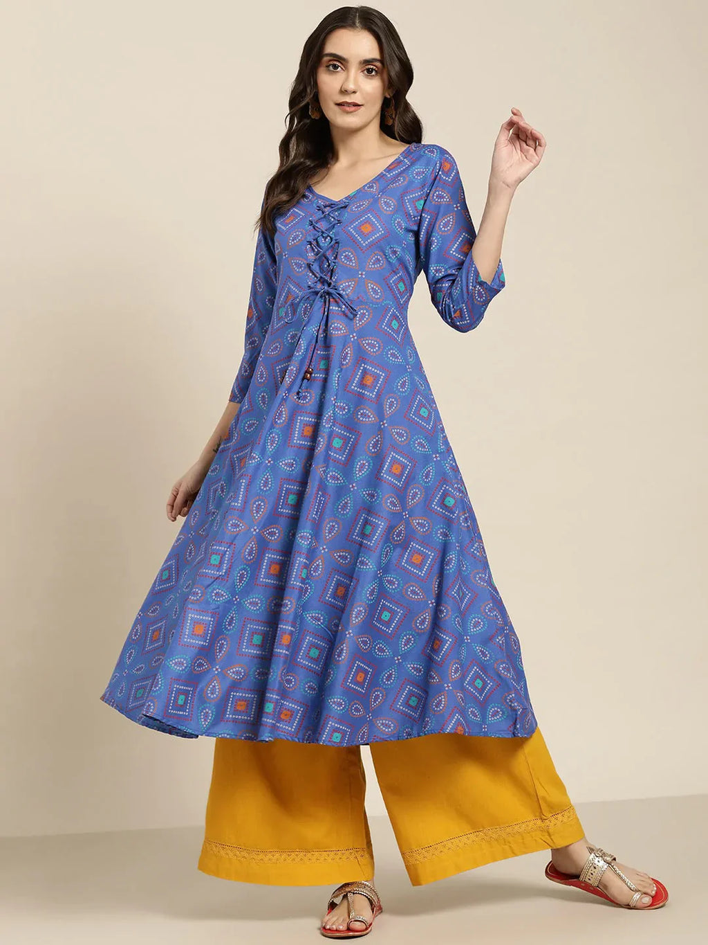 Jompers Women's Blue Bandhani Printed Anarkali Kurta