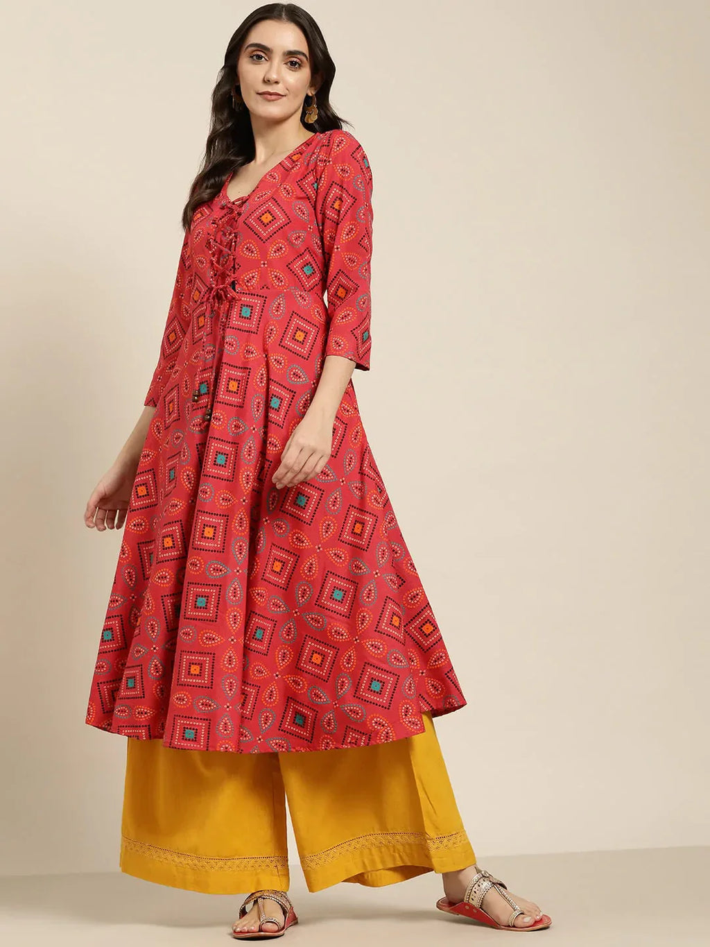Jompers Women's Red Bandhani Printed Anarkali Kurta