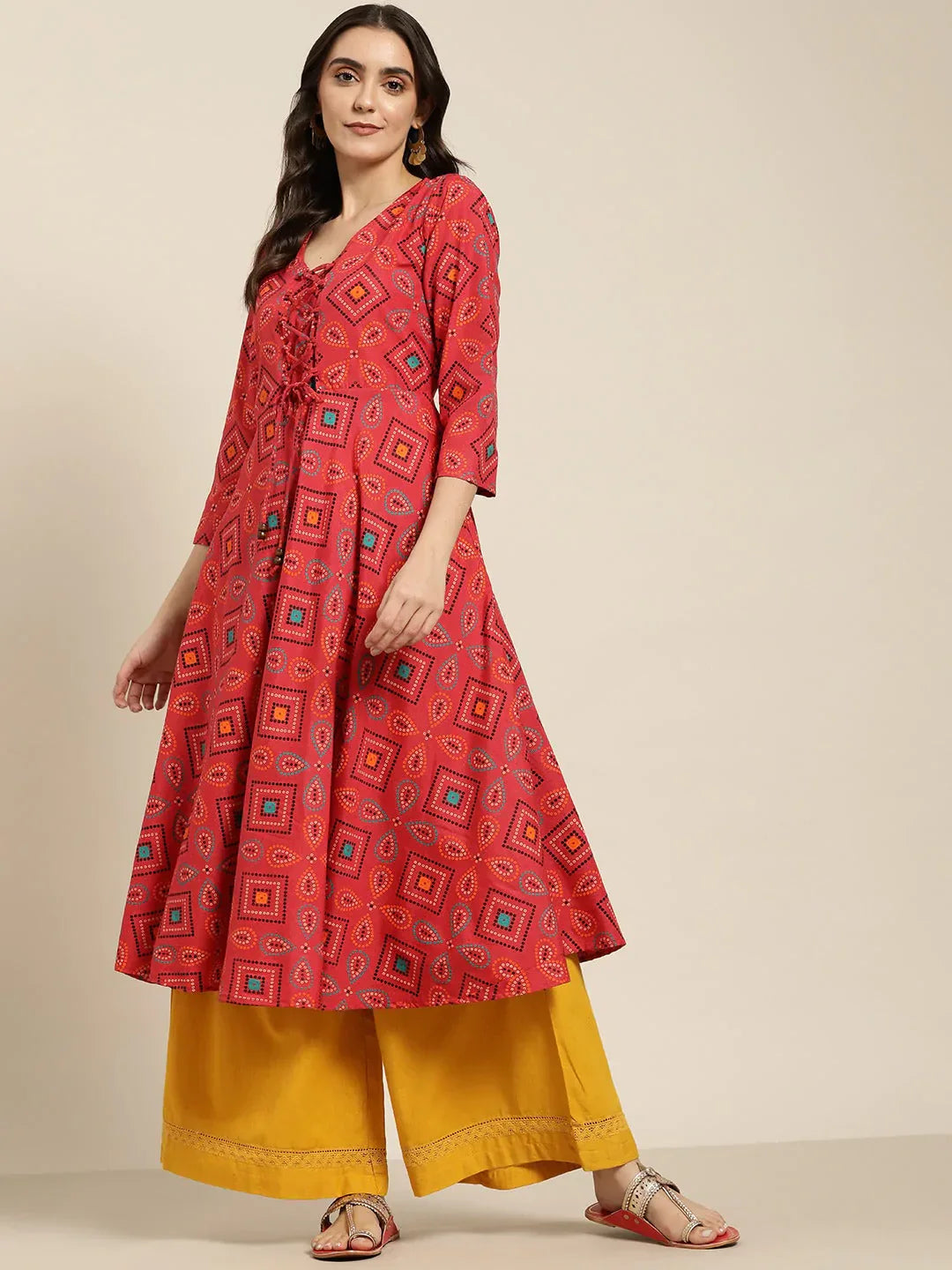 Jompers Women's Red Bandhani Printed Anarkali Kurta