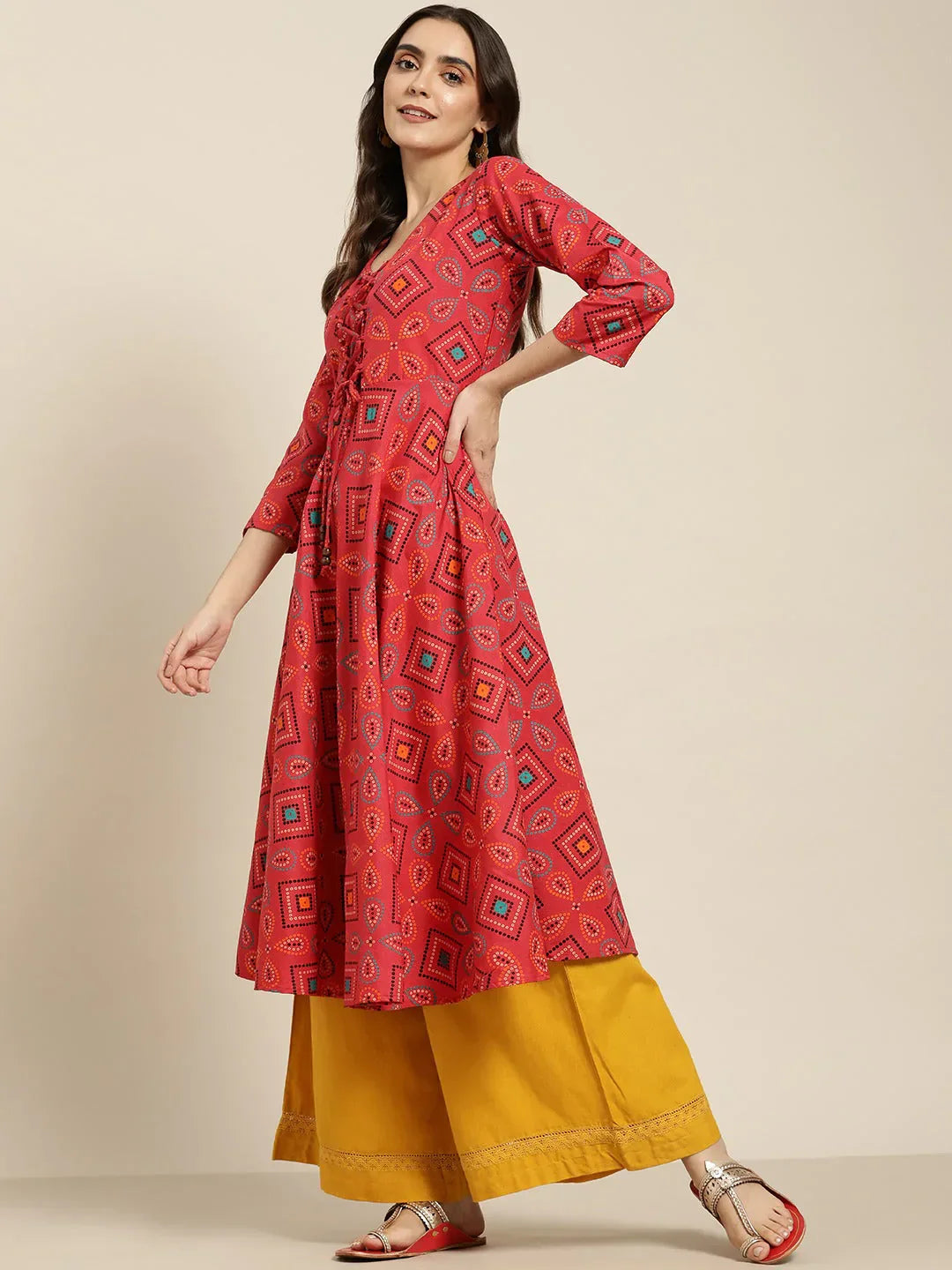 Jompers Women's Red Bandhani Printed Anarkali Kurta