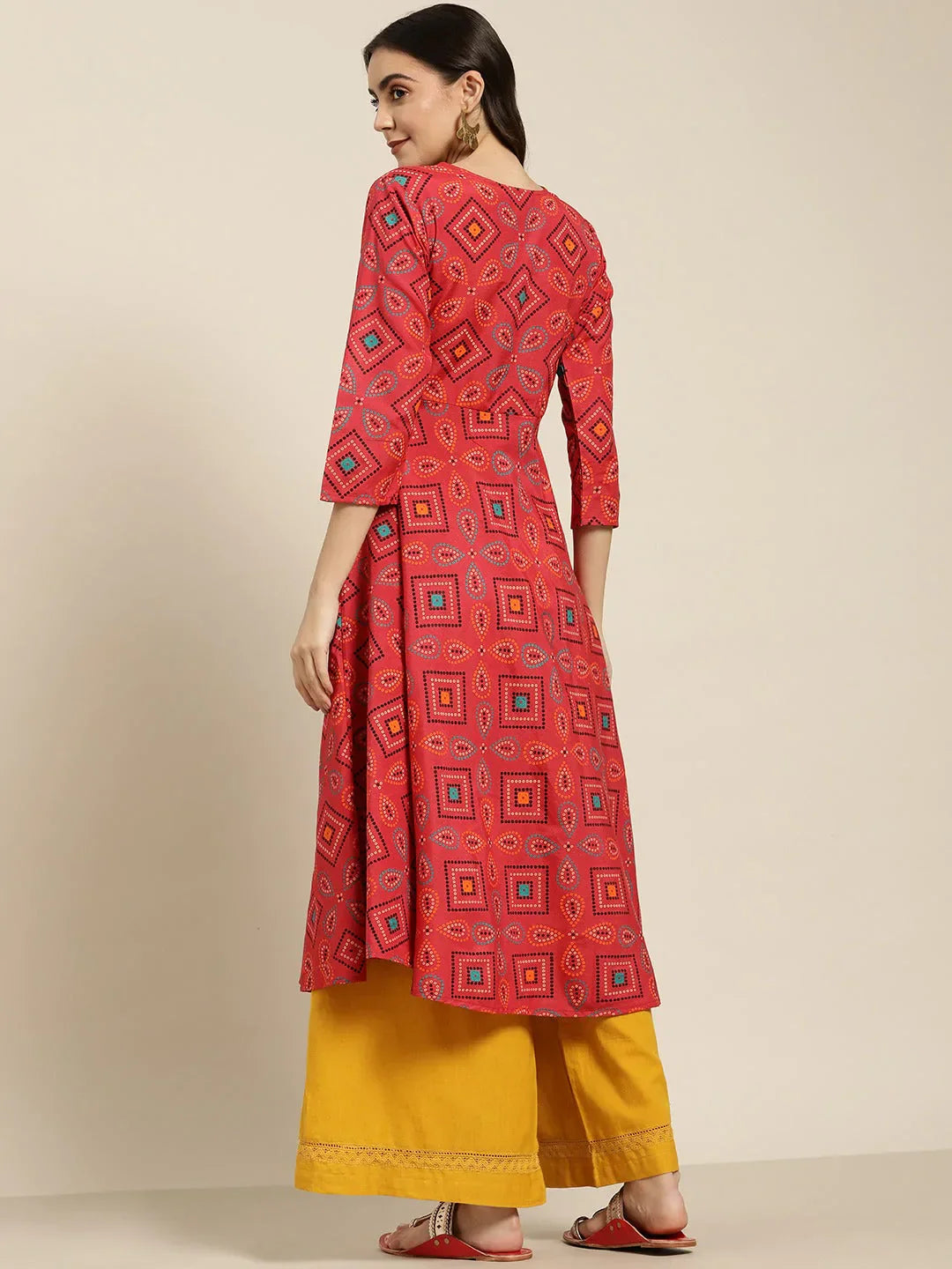 Jompers Women's Red Bandhani Printed Anarkali Kurta