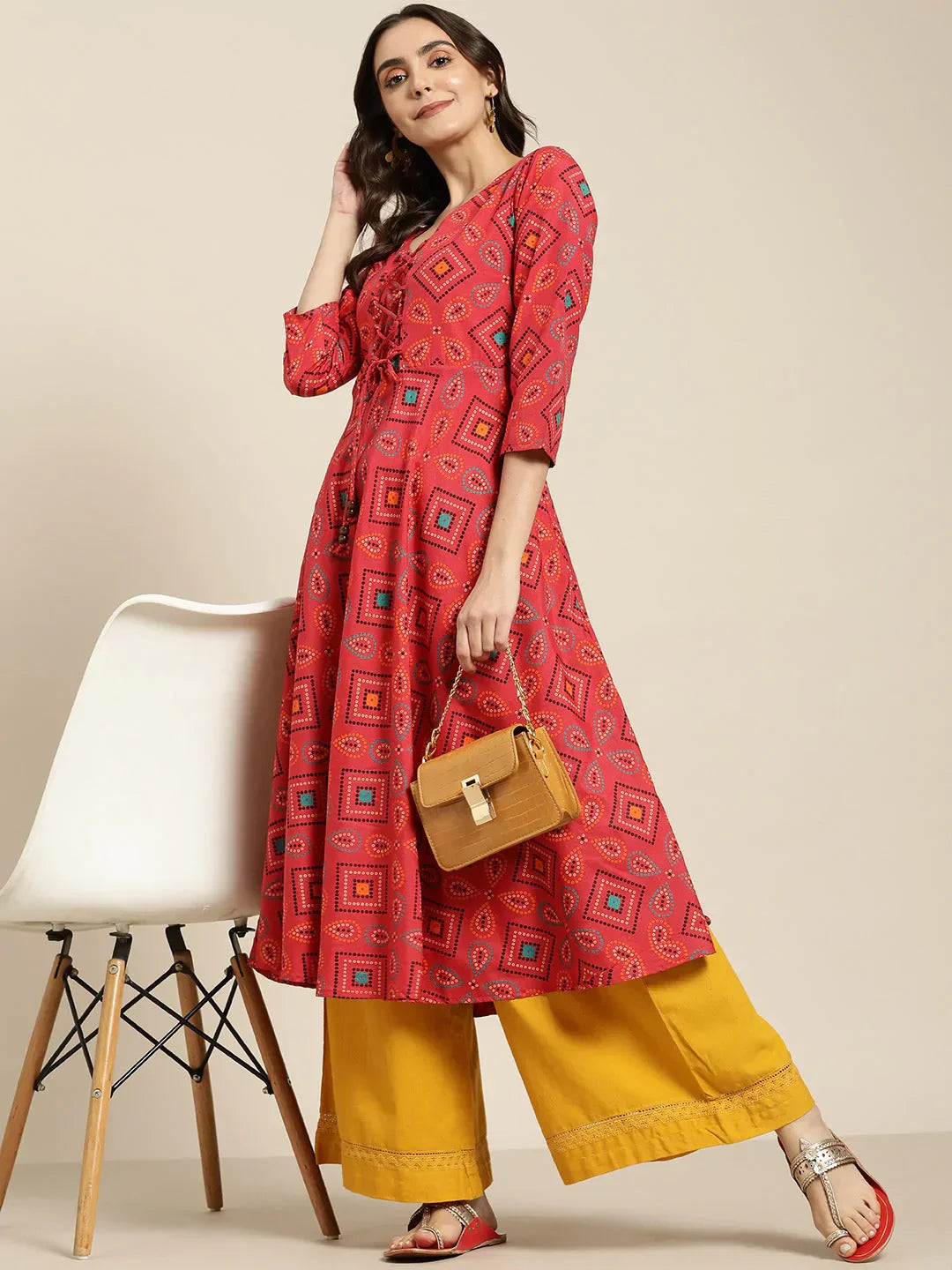 Jompers Women's Red Bandhani Printed Anarkali Kurta