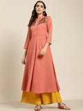 Jompers Women's Rust Red & Green Floral Embroidered Georgette Anarkali Kurta