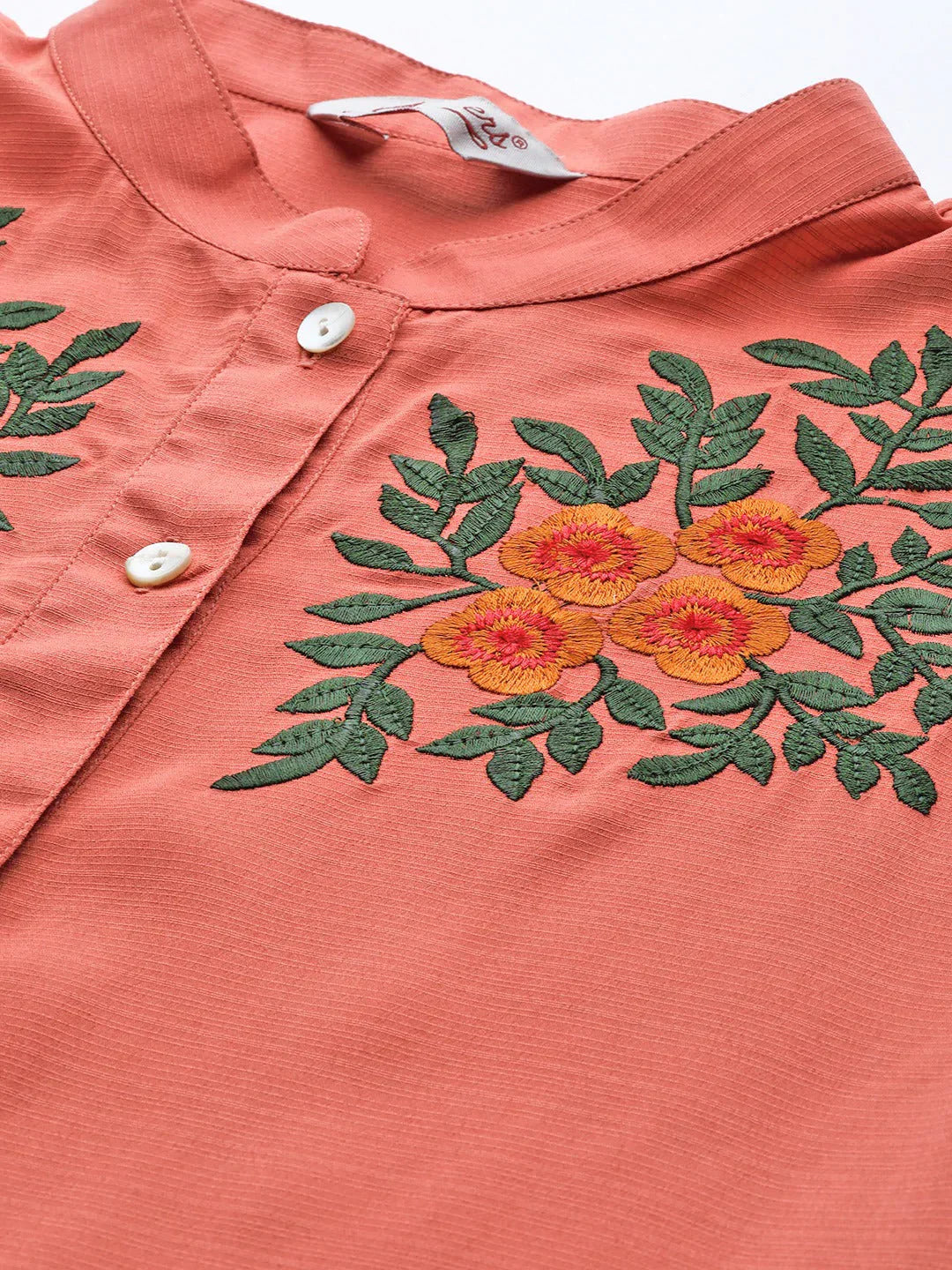 Jompers Women's Rust Red & Green Floral Embroidered Georgette Anarkali Kurta