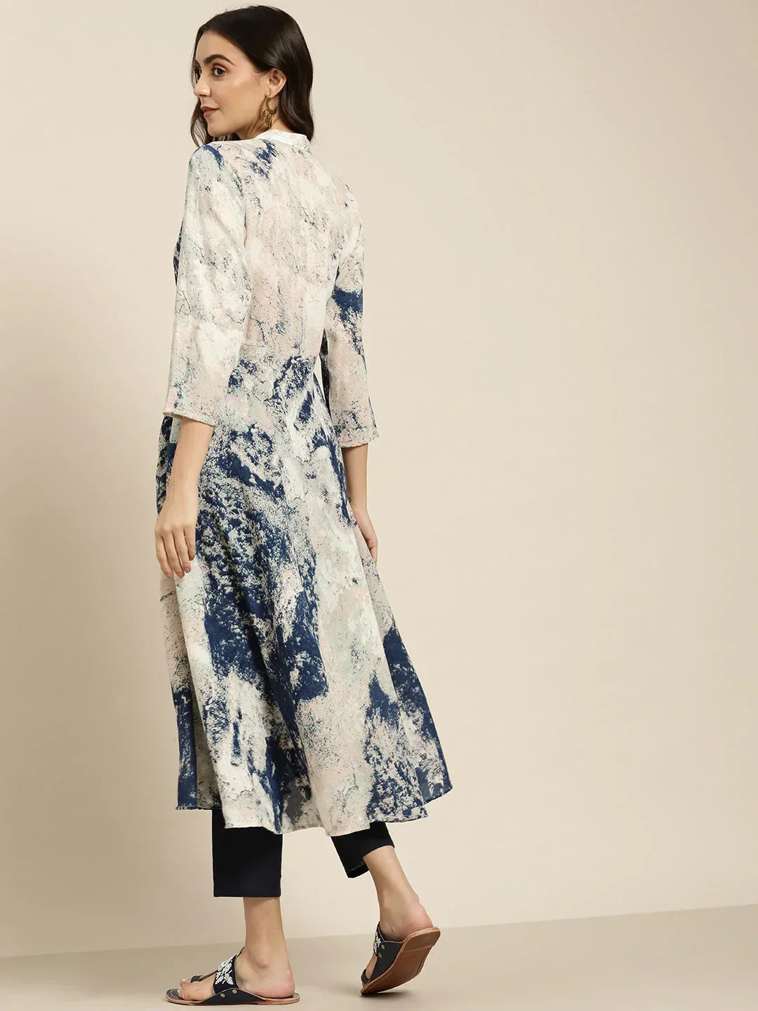 Jompers Women's Navy Blue & Pink Printed Anarkali Kurta
