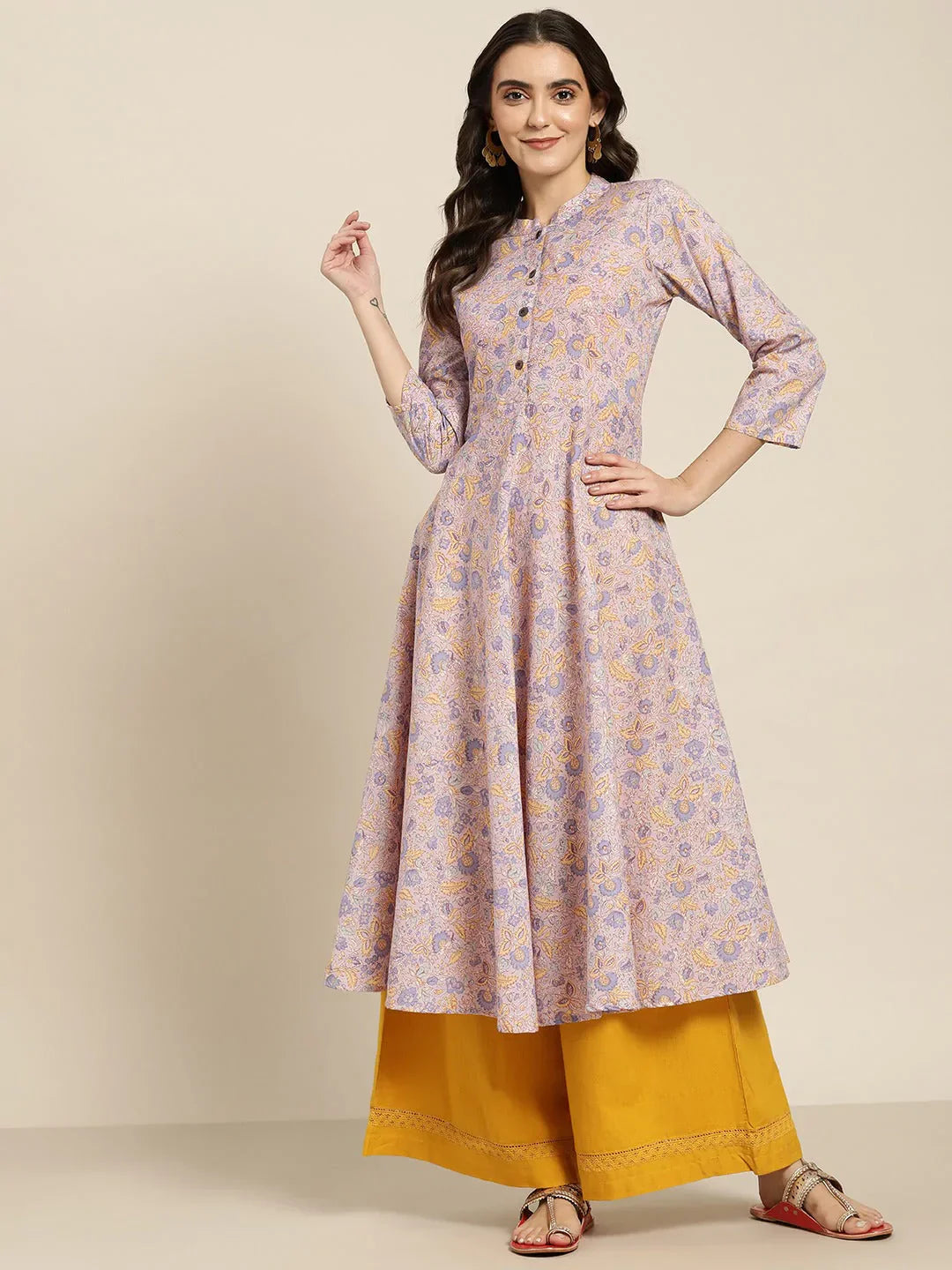 Jompers Women's Purple and yellow Printed Anarkali Kurta