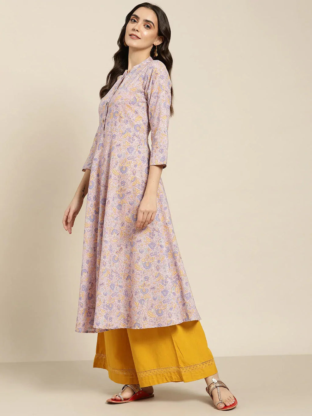 Jompers Women's Purple and yellow Printed Anarkali Kurta