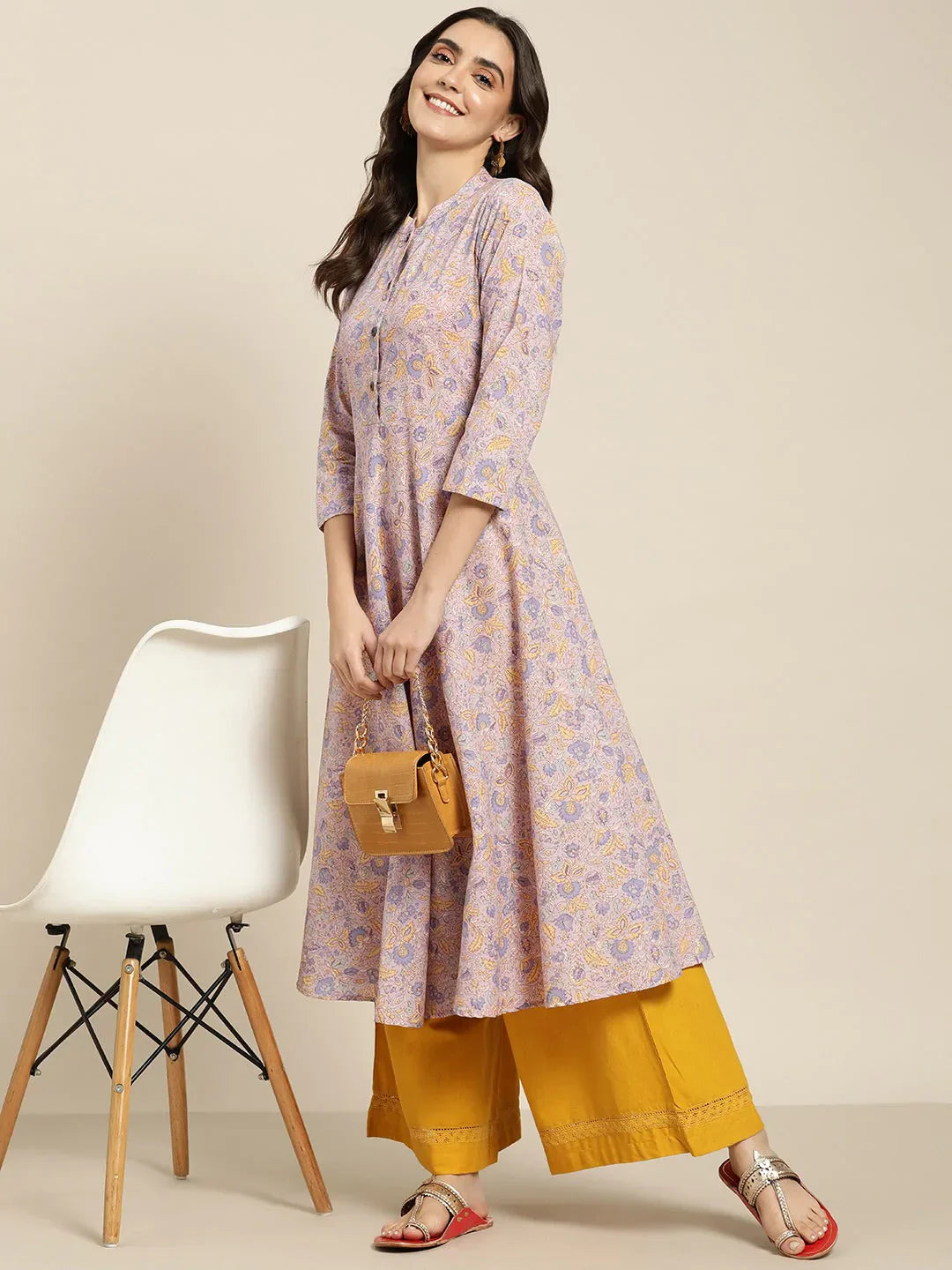 Jompers Women's Purple and yellow Printed Anarkali Kurta