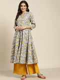 Jompers Women's Grey and yellow Printed Anarkali Kurta