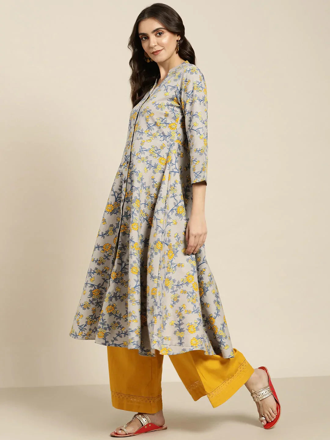 Jompers Women's Grey and yellow Printed Anarkali Kurta