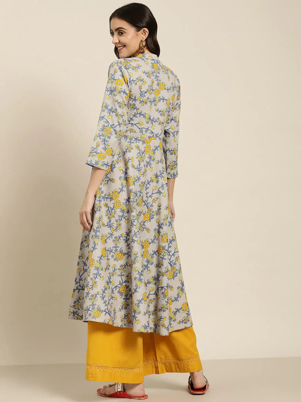 Jompers Women's Grey and yellow Printed Anarkali Kurta