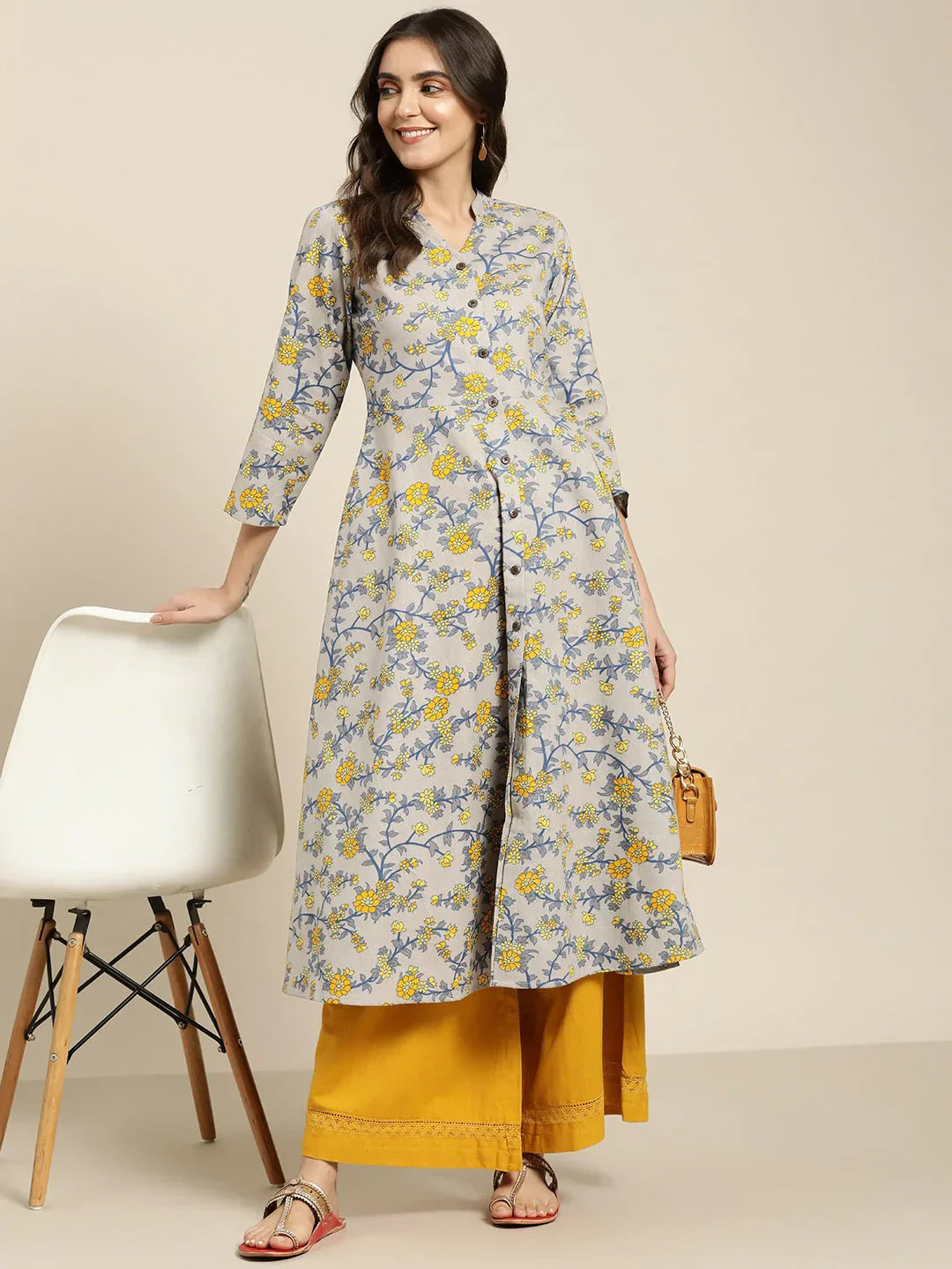 Jompers Women's Grey and yellow Printed Anarkali Kurta