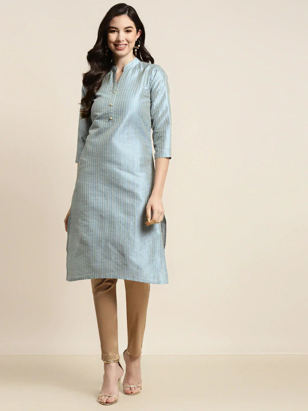 Jompers Women's Grey Striped Thread Work Kurta