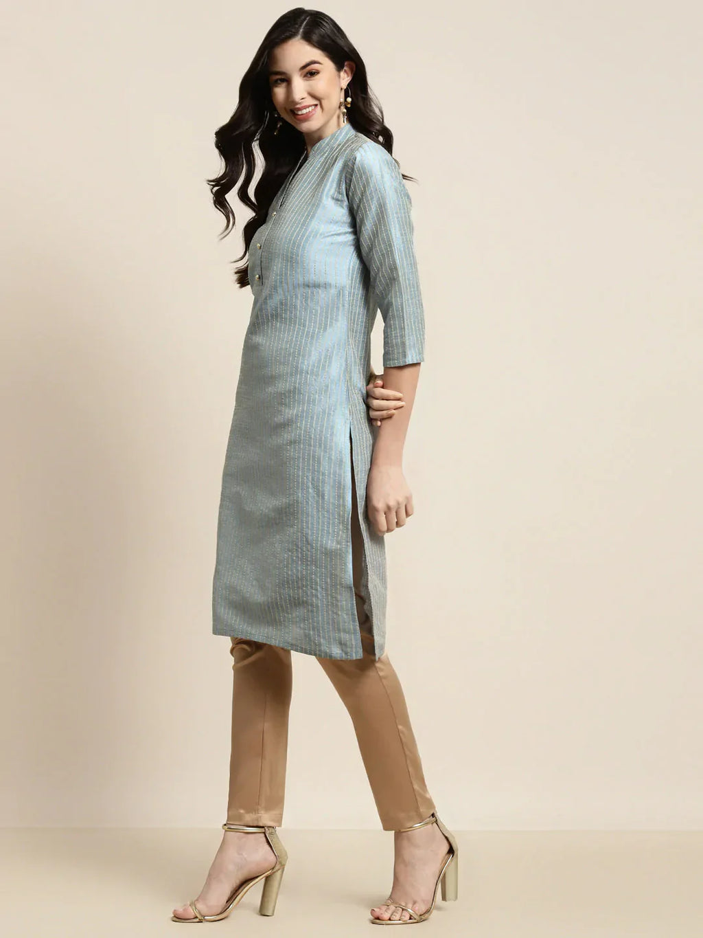 Jompers Women's Grey Striped Thread Work Kurta